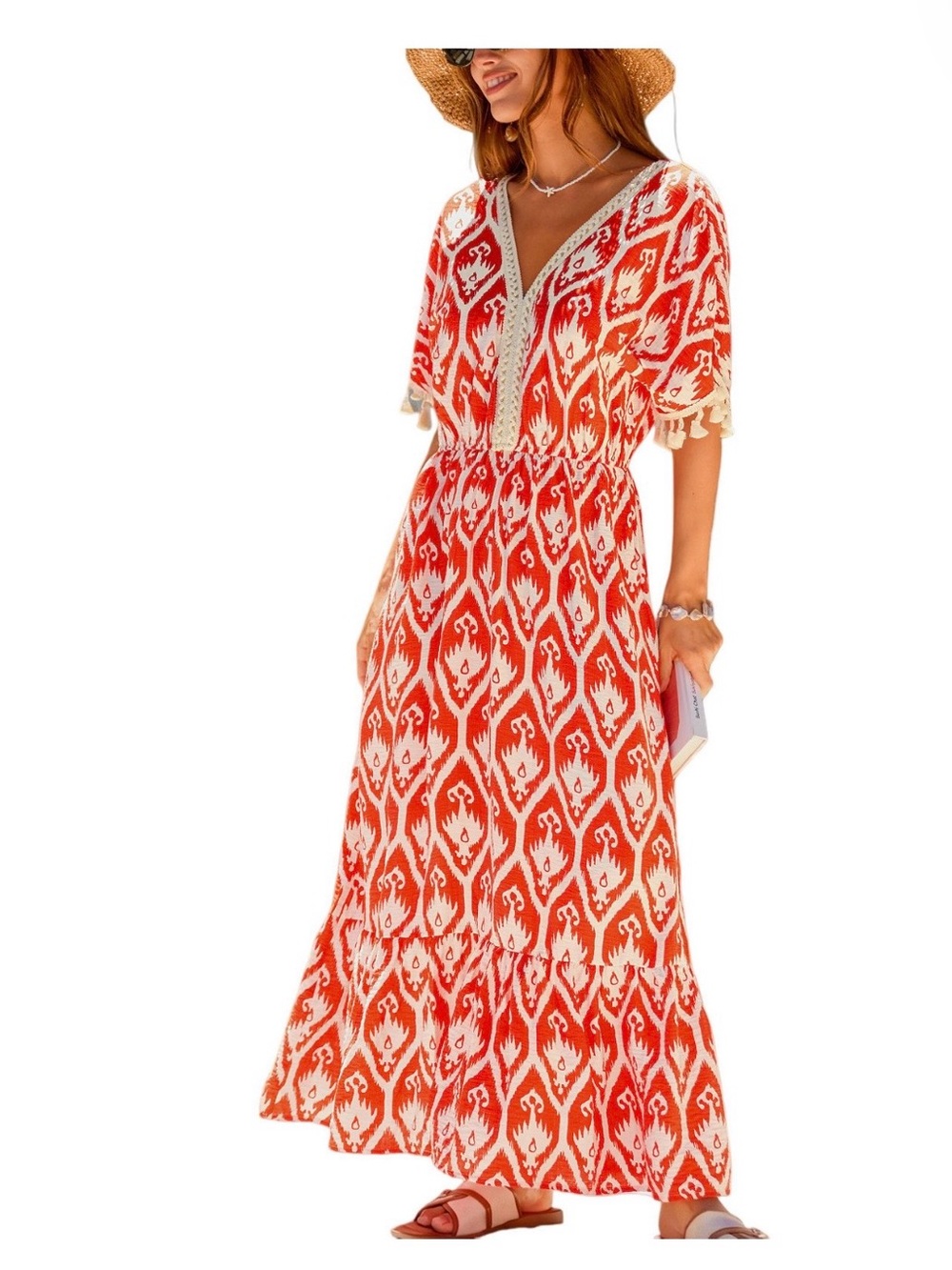 Cupshe V-Neck Orange and Cream Maxi Dress with Tassel Trim